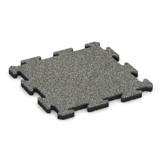 Interlocking playground safety tile von WARCO im Farbdesign Gray Granite mit den Abmessungen 500 x 500 x 30 mm. Produktfoto von Artikel 2628 in der Aufsicht von schräg vorne.