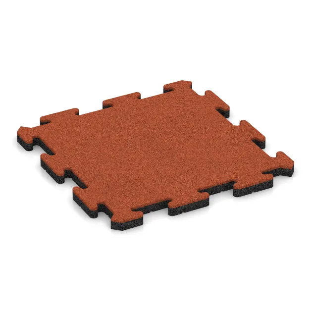 Interlocking playground safety tile von WARCO im Farbdesign Bright Red-Orange mit den Abmessungen 500 x 500 x 30 mm. Produktfoto von Artikel 5301 in der Aufsicht von schräg vorne.