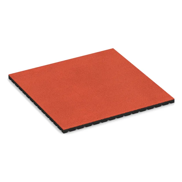 Playground safety mat von WARCO im Farbdesign Bright Red-Orange mit den Abmessungen 1000 x 1000 x 40 mm. Produktfoto von Artikel 0772 in der Aufsicht von schräg vorne.