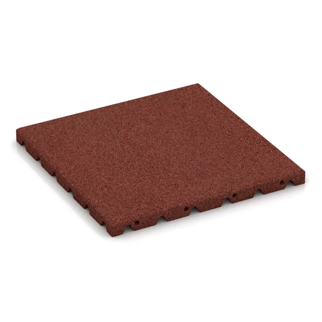 Playground safety tile von WARCO im Farbdesign Brick red mit den Abmessungen 400 x 400 x 30 mm. Produktfoto von Artikel 0521 in der Aufsicht von schräg vorne.