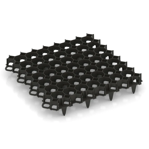 Plastic ground grid von WARCO im Farbdesign Matte Black mit den Abmessungen 47,6 × 47,6 × 4 cm | 0,226 m². Produktfoto von Artikel 5207 in der Aufsicht von schräg vorne.
