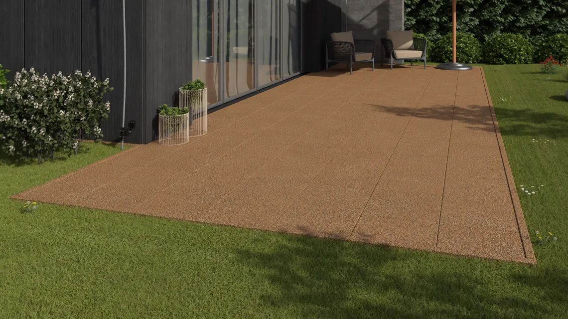 Beispielhafte Verlegung für den Artikel 1151 von WARCO - Terrace tile Classic, Farbton Terra Cotta in der Abmessung 500 x 500 x 30 mm.