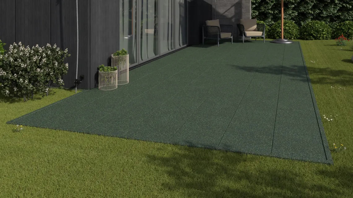Beispielhafte Verlegung für den Artikel 1160 von WARCO - Terrace tile Classic, Farbton English Lawn in der Abmessung 500 x 500 x 30 mm.
