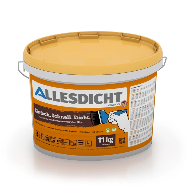 ALLESDICHT – Waterproofing Coating von WARCO im Farbdesign Auburn mit den Abmessungen 11 kg | 3,3 m². Produktfoto von Artikel 0029 in der Aufsicht von schräg vorne.
