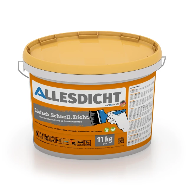 ALLESDICHT – Waterproofing Coating von WARCO im Farbdesign Grey mit den Abmessungen 11 kg | 3,3 m². Produktfoto von Artikel 0030 in der Aufsicht von schräg vorne.