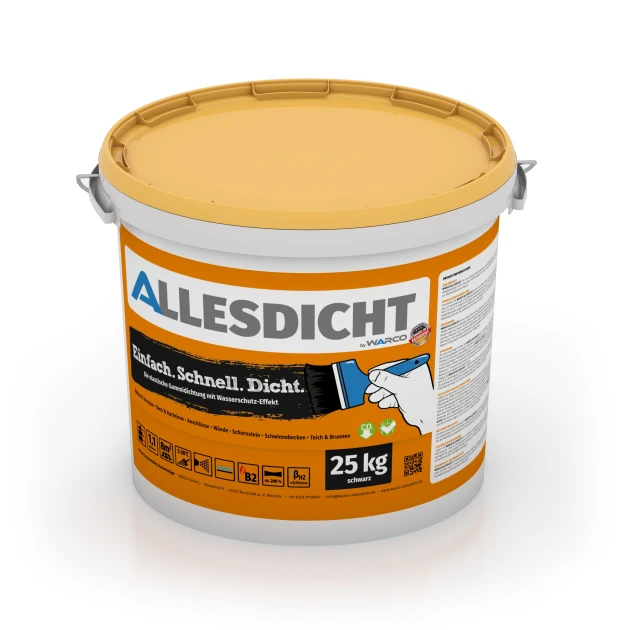 ALLESDICHT – Waterproofing Coating von WARCO im Farbdesign Black mit den Abmessungen 25 kg. Produktfoto von Artikel 0024 in der Aufsicht von schräg vorne.