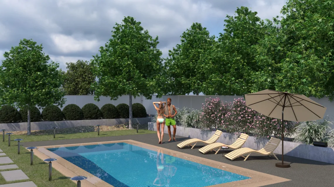 Beispielhafte Verlegung für den Artikel 2918 von WARCO - Pool Decking Tile, Farbton Dark Grey Granite in der Abmessung 500 x 500 x 40 mm.