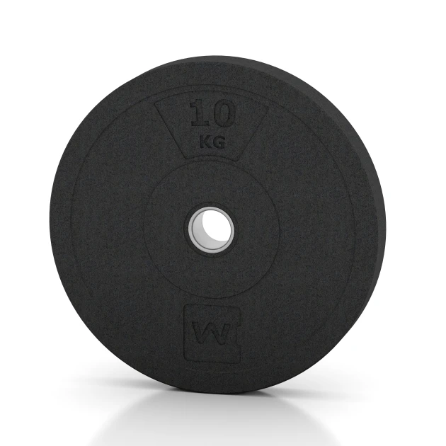 Bumper Plate – Solid Rubber von WARCO im Farbdesign Anthracite mit den Abmessungen 10 kg | ø 45,4 x 5,85 cm. Produktfoto von Artikel 6085 in der Aufsicht von schräg vorne.
