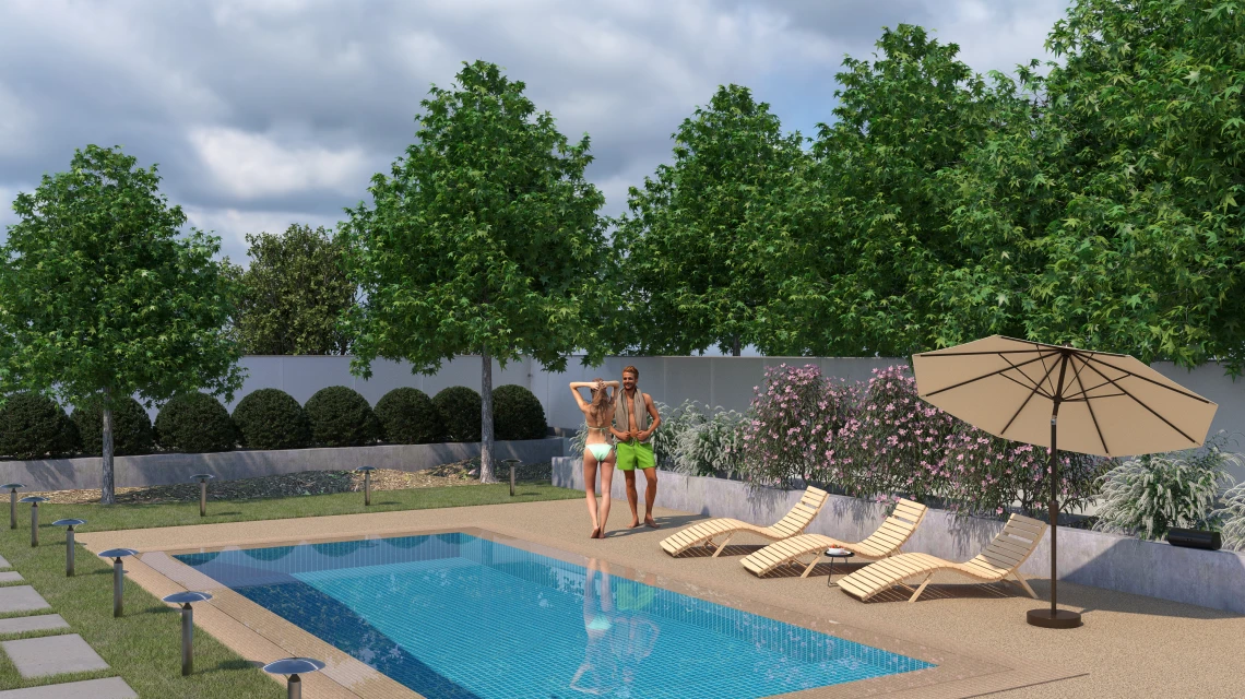 Beispielhafte Verlegung für den Artikel 6108 von WARCO - Pool Decking Tile Seamless, Farbton Travertine in der Abmessung 30,6 x 30,6 x 3 cm | 0,094 m².