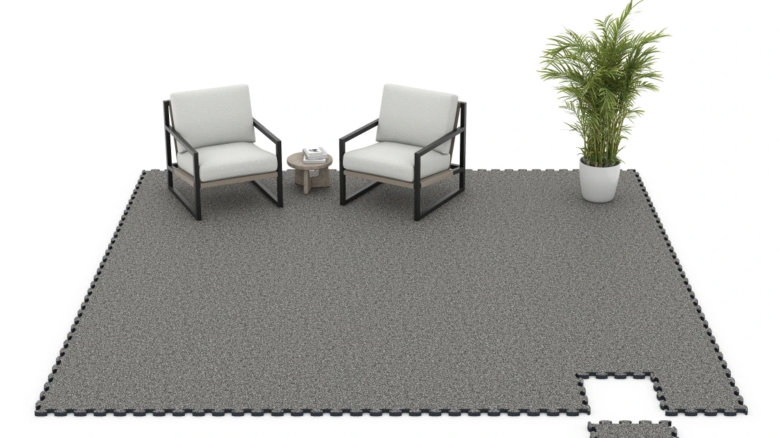 Beispielhafte Verlegung für den Artikel 6940 von WARCO - Patio rubber tile, Farbton Dark Grey Granite in der Abmessung 44,6 x 44,6 × 2,8 cm.
