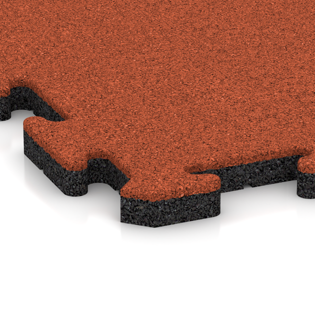 Detailaufnahme der Randausprägung von WARCO-Produkt 5301, Interlocking playground safety tile, Format 500 x 500 x 30 mm, Farbe Bright Red-Orange.