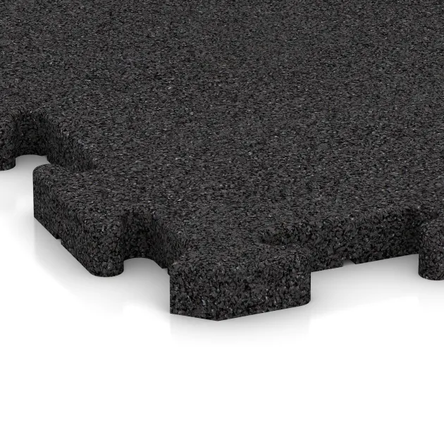 Detailaufnahme der Randausprägung von WARCO-Produkt 2767, Interlocking playground safety tile, Format 500 x 500 x 30 mm, Farbe Anthracite.