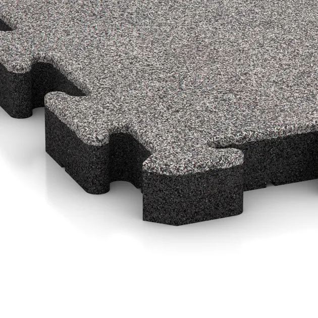 Detailaufnahme der Randausprägung von WARCO-Produkt 4563, Rubber sports surface HD, Format 500 x 500 x 50 mm, Farbe Grey Melange.