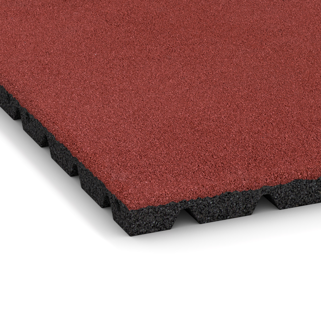 Detailaufnahme der Randausprägung von WARCO-Produkt 0540, Playground safety tile, Format 500 x 500 x 30 mm, Farbe Coral Red.