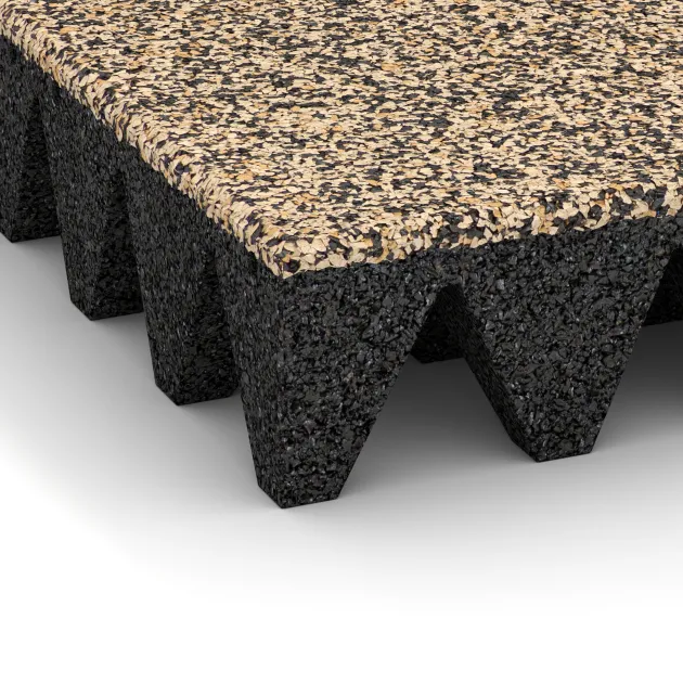 Detailaufnahme der Randausprägung von WARCO-Produkt 5651, Playground Safety Tile 10 cm - EN 1177 ≤ 300 cm, Format 500 x 500 x 100 mm, Farbe Travertine.