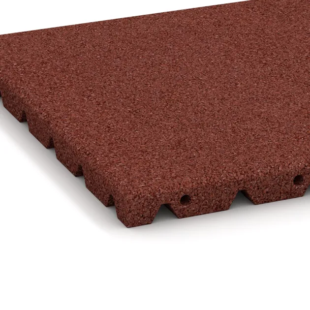 Detailaufnahme der Randausprägung von WARCO-Produkt 0521, Playground safety tile, Format 400 x 400 x 30 mm, Farbe Brick red.