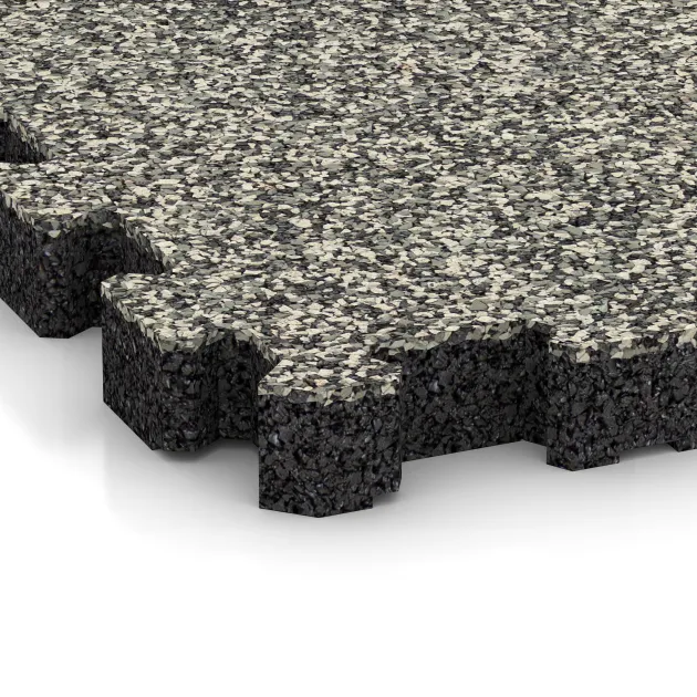 Detailaufnahme der Randausprägung von WARCO-Produkt 4269, Rubber click tile, Format 306 x 306 x 30 mm, Farbe Light Granite.