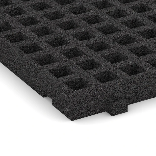 Detailaufnahme der Randausprägung von WARCO-Produkt 6114, Playground safety mat with grid structure, Format 100 × 50 × 6,5 cm, Farbe Anthracite.