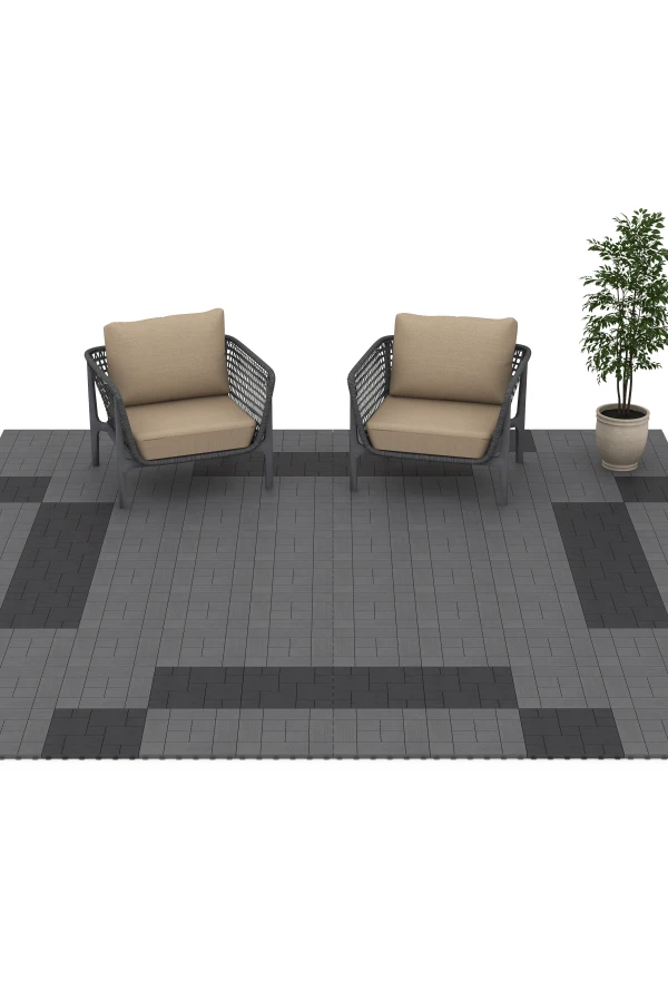 Beispielhafte Verlegung für den Artikel 6237 von WARCO - Panel Pattern – Deck Tile, Farbton Silver Grey in der Abmessung 38,5 x 38,5 x 2 cm.