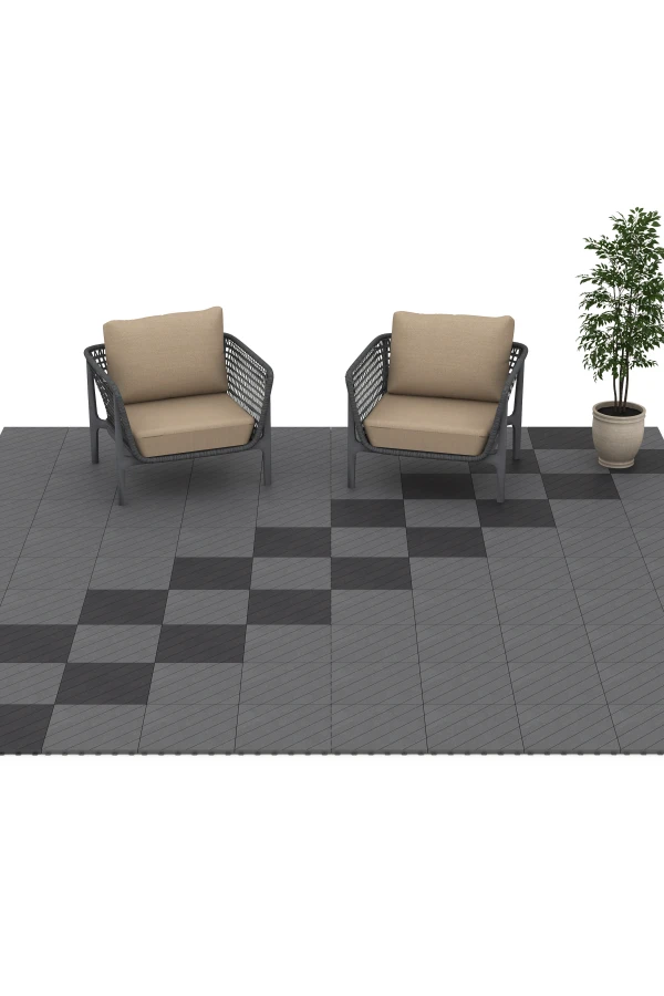 Beispielhafte Verlegung für den Artikel 6325 von WARCO - Herringbone – Deck Tile, Farbton Slate in der Abmessung 38,5 x 38,5 x 2 cm.