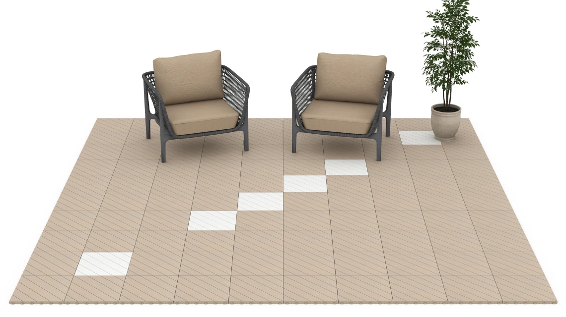 Beispielhafte Verlegung für den Artikel 6327 von WARCO - Herringbone – Deck Tile, Farbton Vanilla in der Abmessung 38,5 x 38,5 x 2 cm.