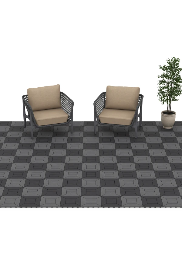 Beispielhafte Verlegung für den Artikel 6348 von WARCO - Cassette Pattern – Deck Tile, Farbton Silver Grey in der Abmessung 30 x 30 x 2 cm.