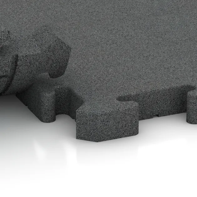 Großaufnahme vom Verbindungssystem von WARCO-Boden 2963 - Interlocking playground safety tile im Farbdesign Slate grey. Abmessungen 500 x 500 x 40 mm.