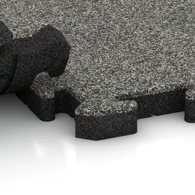 Großaufnahme vom Verbindungssystem von WARCO-Boden 3407 - Fitness Floor Protection Mat HD im Farbdesign Gray Granite. Abmessungen 1000 x 1000 x 40 mm.