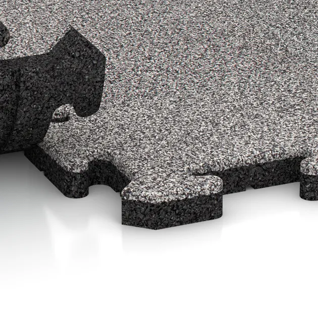 Großaufnahme vom Verbindungssystem von WARCO-Boden 4544 - Rubber sports surface HD im Farbdesign Grey Melange. Abmessungen 500 x 500 x 30 mm.