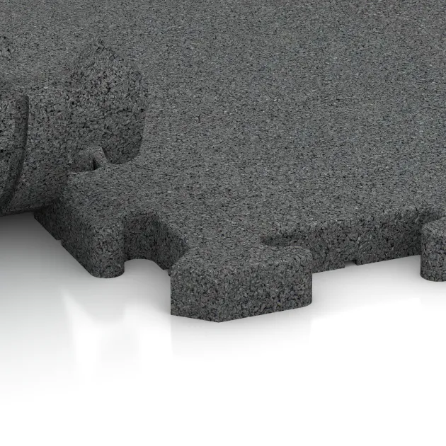 Großaufnahme vom Verbindungssystem von WARCO-Boden 2770 - Interlocking playground safety tile im Farbdesign Slate grey. Abmessungen 500 x 500 x 30 mm.