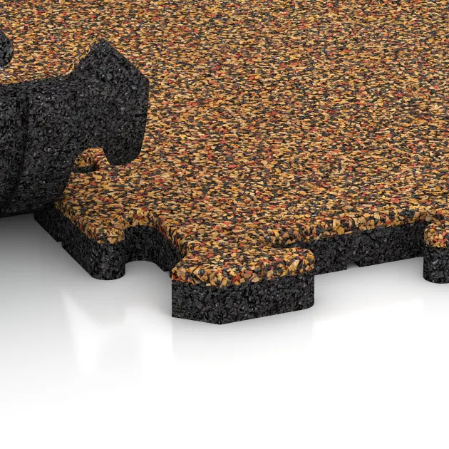 Großaufnahme vom Verbindungssystem von WARCO-Boden 3230 - Fitness Floor Protection Mat HD im Farbdesign Terra Cotta. Abmessungen 1000 x 1000 x 30 mm.