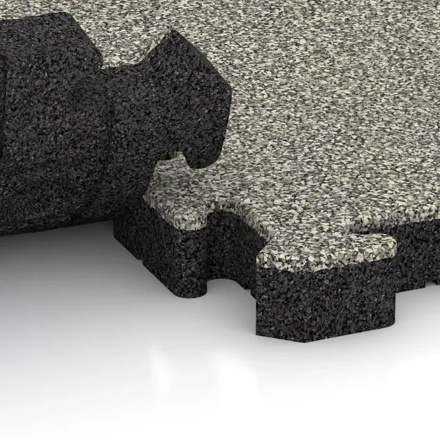 Großaufnahme vom Verbindungssystem von WARCO-Boden 4161 - Rubber sports surface HD im Farbdesign Light Granite. Abmessungen 500 x 500 x 50 mm.