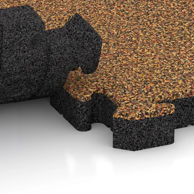Großaufnahme vom Verbindungssystem von WARCO-Boden 4163 - Rubber sports surface HD im Farbdesign Terra Cotta. Abmessungen 500 x 500 x 50 mm.
