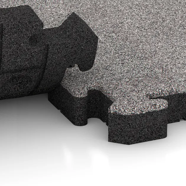 Großaufnahme vom Verbindungssystem von WARCO-Boden 4563 - Rubber sports surface HD im Farbdesign Grey Melange. Abmessungen 500 x 500 x 50 mm.