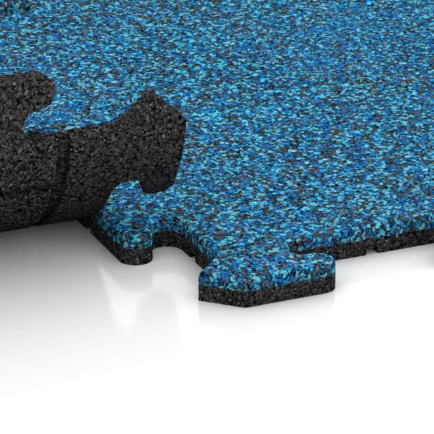 Großaufnahme vom Verbindungssystem von WARCO-Boden 0064 - Play mat im Farbdesign Atlantic. Abmessungen 500 x 500 x 18 mm.