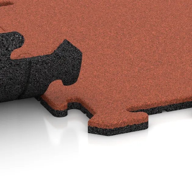 Großaufnahme vom Verbindungssystem von WARCO-Boden 6218 - Sports flooring tile 1.8 cm im Farbdesign Bright Red-Orange. Abmessungen 500 x 500 x 18 mm.