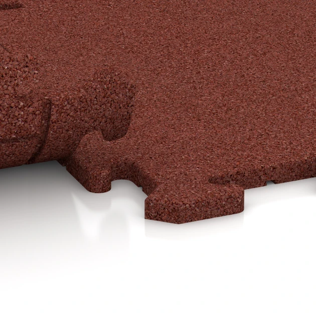 Großaufnahme vom Verbindungssystem von WARCO-Boden 4224 - Sports flooring tile 1.8 cm im Farbdesign Brick red. Abmessungen 500 x 500 x 18 mm.