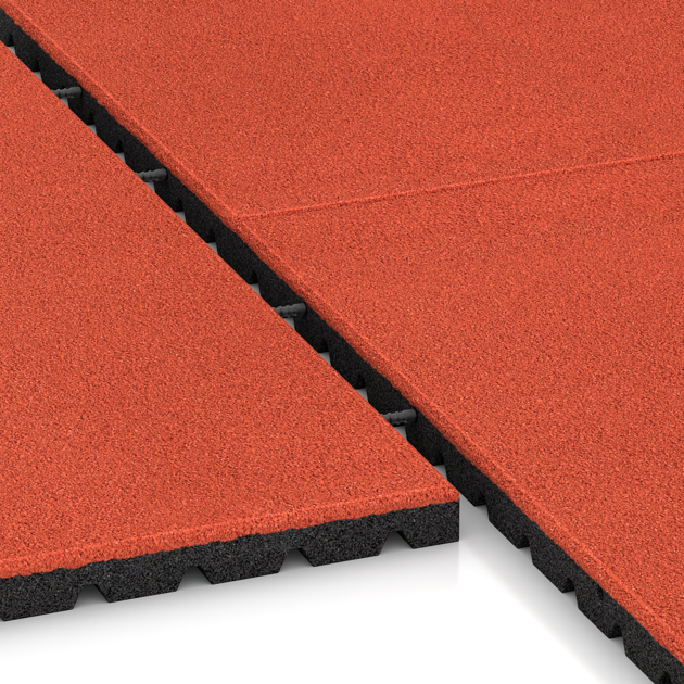 Großaufnahme vom Verbindungssystem von WARCO-Boden 0772 - Playground safety mat im Farbdesign Bright Red-Orange. Abmessungen 1000 x 1000 x 40 mm.