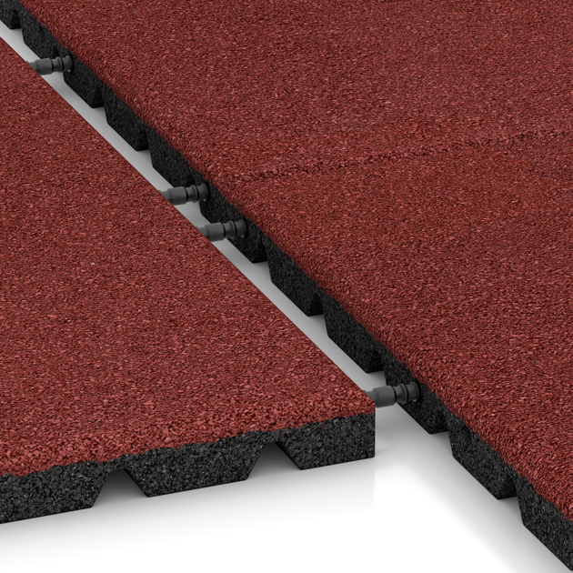 Großaufnahme vom Verbindungssystem von WARCO-Boden 0540 - Playground safety tile im Farbdesign Coral Red. Abmessungen 500 x 500 x 30 mm.