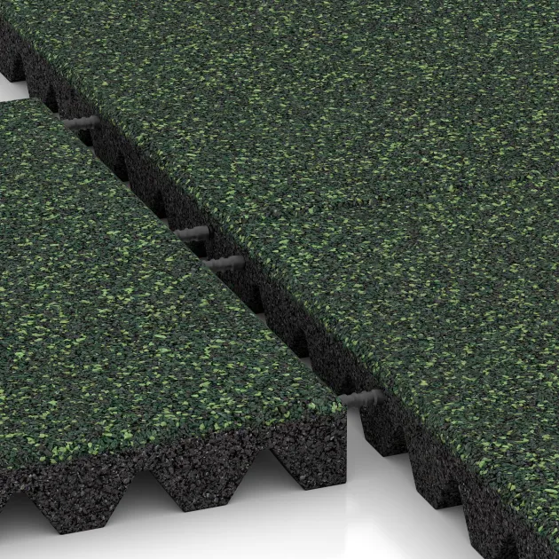 Großaufnahme vom Verbindungssystem von WARCO-Boden 5358 - Playground safety tile im Farbdesign English Lawn. Abmessungen 500 x 500 x 50 mm.