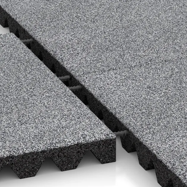 Großaufnahme vom Verbindungssystem von WARCO-Boden 5362 - Playground safety tile im Farbdesign Grey Melange. Abmessungen 500 x 500 x 50 mm.