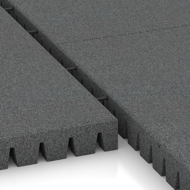 Großaufnahme vom Verbindungssystem von WARCO-Boden 0861 - Playground safety mat im Farbdesign Slate grey. Abmessungen 1000 x 1000 x 80 mm.