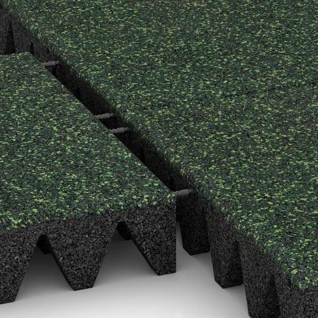 Großaufnahme vom Verbindungssystem von WARCO-Boden 5646 - Playground Safety Tile 10 cm - EN 1177 ≤ 300 cm im Farbdesign English Lawn. Abmessungen 500 x 500 x 100 mm.