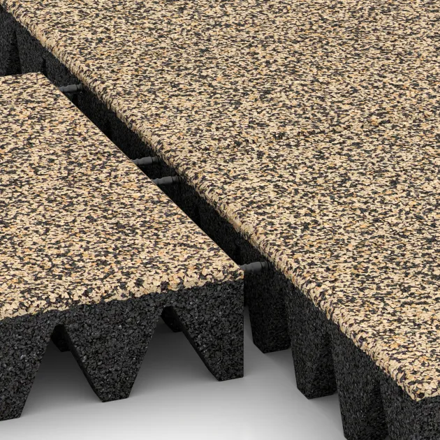 Großaufnahme vom Verbindungssystem von WARCO-Boden 5651 - Playground Safety Tile 10 cm - EN 1177 ≤ 300 cm im Farbdesign Travertine. Abmessungen 500 x 500 x 100 mm.