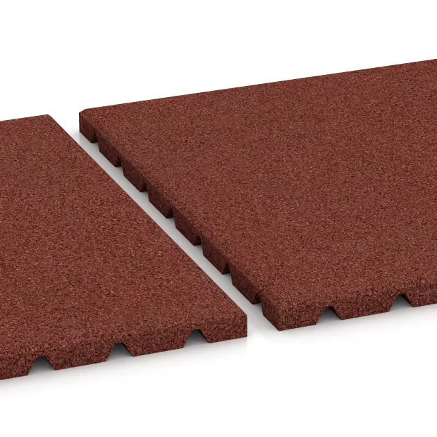 Großaufnahme vom Verbindungssystem von WARCO-Boden 0527 - Wall protection tile im Farbdesign Brick red. Abmessungen 500 x 500 x 25 mm.