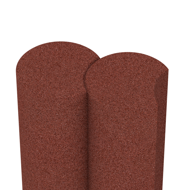 Großaufnahme vom Verbindungssystem von WARCO-Boden 2561 - Rubber granulate palisade im Farbdesign Brick red. Abmessungen ø 250 x 800 mm.