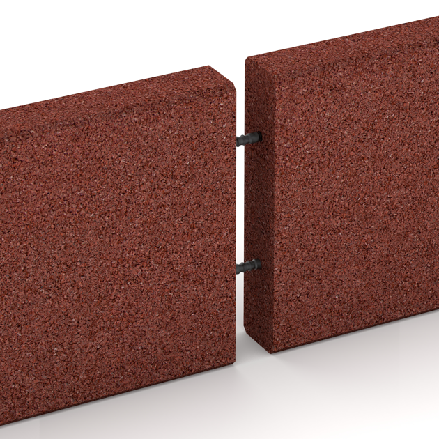 Großaufnahme vom Verbindungssystem von WARCO-Boden 2591 - Rubber kerbstone (Deep kerbstone) im Farbdesign Brick red. Abmessungen 1000 x 250 x 50 mm.