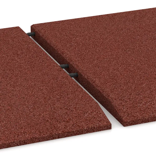 Großaufnahme vom Verbindungssystem von WARCO-Boden 0462 - Corner tile (two chamfered sides) im Farbdesign Brick red. Abmessungen 500 x 500 x 30 mm.