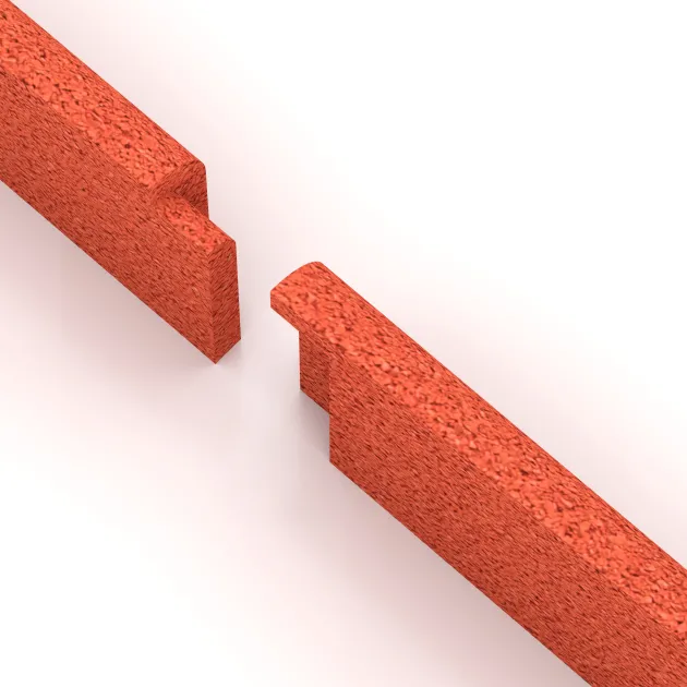 Großaufnahme vom Verbindungssystem von WARCO-Boden 4285 - Skirting Board im Farbdesign Bright Red-Orange. Abmessungen 750 x 80 x 20 mm.