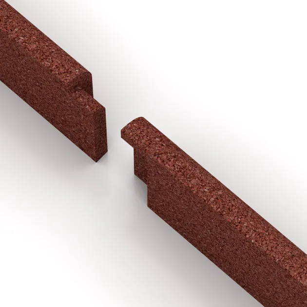 Großaufnahme vom Verbindungssystem von WARCO-Boden 2264 - Skirting Board im Farbdesign Brick red. Abmessungen 750 x 80 x 20 mm.